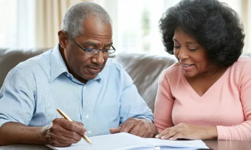 older adult couple looking over paperwork
