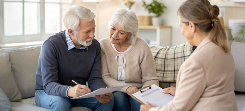 older adult couple sitting across from helper with a clipboard