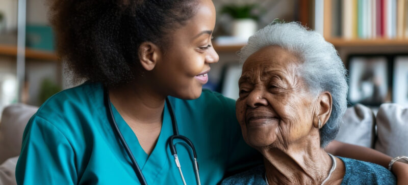 older woman with younger healthcare worker enjoying a side by side hug