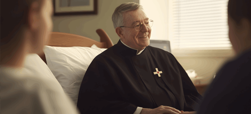 focus on hospital chaplain who may be providing emotional support to others not focused in photo